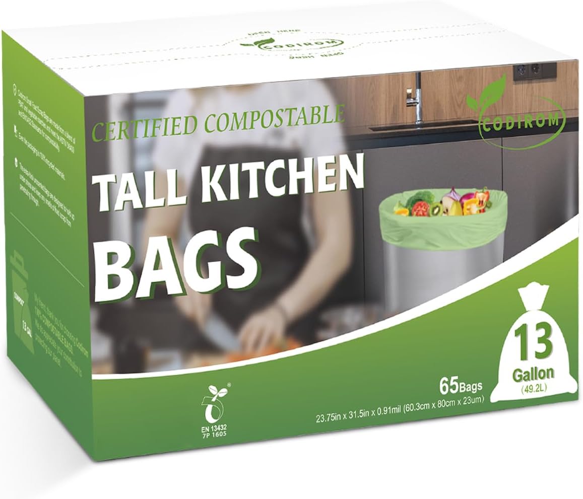 100% Compostable Trash Bags, 13 Gallon, 49.2 Liter, 0.91 Mils, 65 Count Kitchen Tall Food Scrap Compost Bags for Tall Kitchen Trash Cans with Europe EN13432 Certified