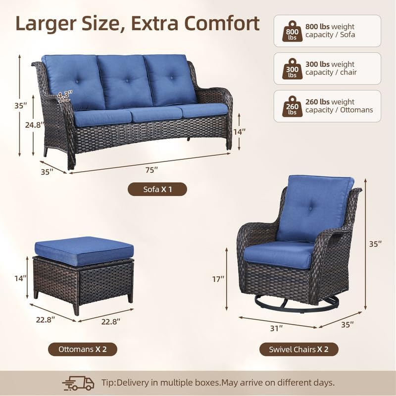 Outdoor Brown Wicker Furniture Set of 5, Wicker Patio Conversation Set Blue - Image 2