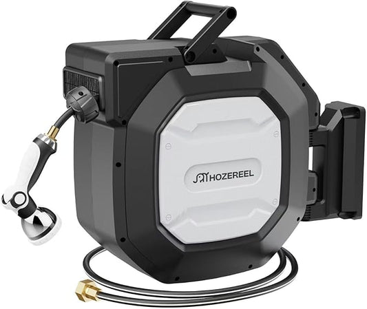135 ft x 1/2" HOZEREEL Heavy Duty Retractable Garden Hose Reel, Garden Hose Reels Outdoor Organizer- Self Retracting Wall Mount Hose Reel Automatic Recoil Storage, Any Length Lock, 10 Pattern Nozzle