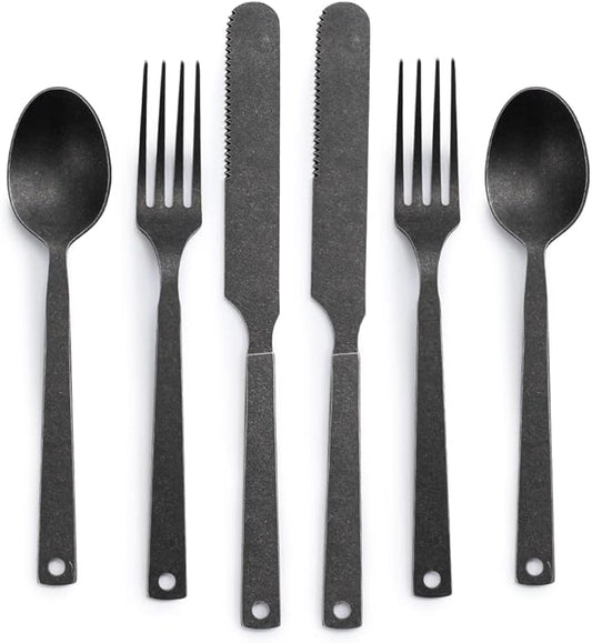 Barebones Flatware Silverware Set - Formal Camping Utensils - Stainless Steel Cutlery Set of 6 - Camping Utensil Set with Forks, Knives, and Spoons (Matte Black)