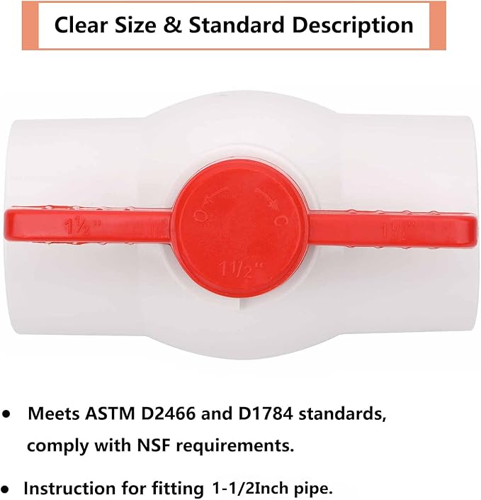 2Pcs 1-1/2" PVC Ball Valve Water Pipe Shut-off Valve Socket with Red T-Handle for Cold Water Supply lines, Irrigation Pipe fitting System(Socket x Socket), Schedule 40