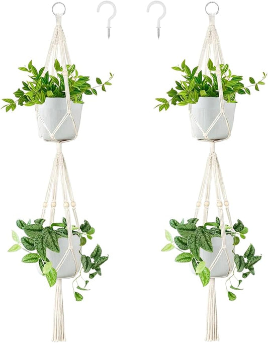 Belit 2 Pack Double Macrame Plant Hangers 2 Tier Hanging Planter Basket Decorative Flower Pot Holder Rope for Indoor Outdoor Home Decor 51 Inch