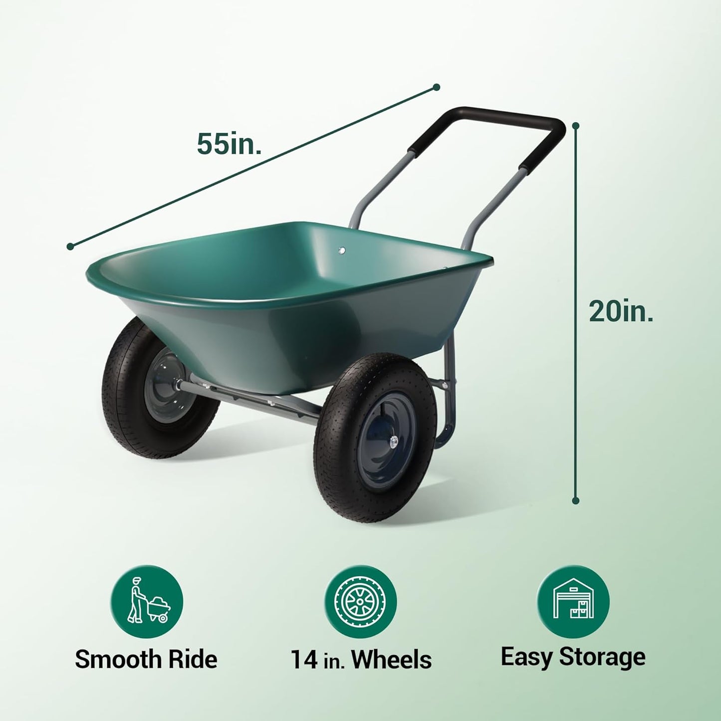 Idzo 2-Wheel Heavy-Duty Wheelbarrow Cart, 330 lb Capacity, Ergonomic Padded Handle and 14 Inch Pneumatic Tires for Maximum Stability, Ideal Wagon for Moving Soil, Shrubs, Plants, Easy Assembly