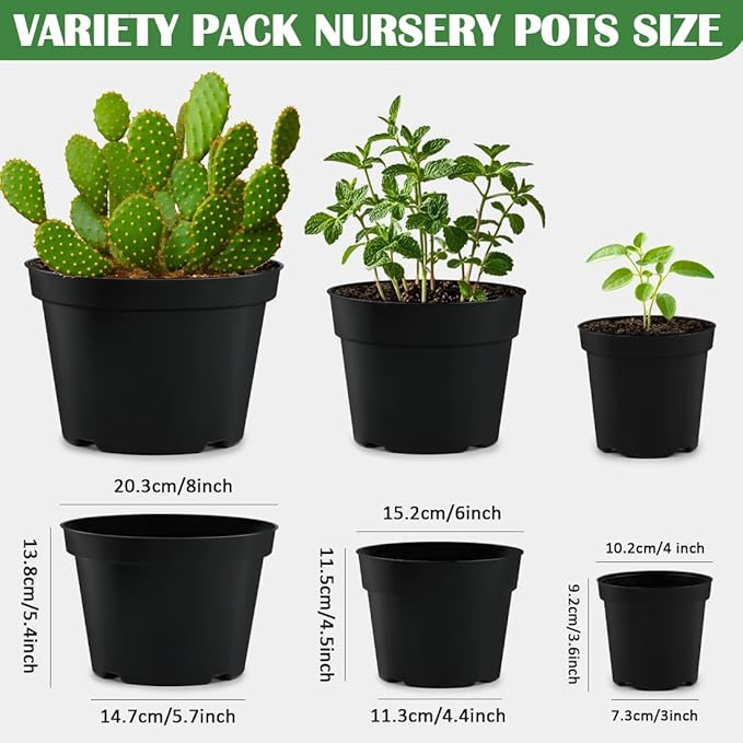 15 Pack 4/6/8 Inch Plant Nursery Pots, Thickened Plastic Pots for Plants with Drainage Holes, Sturdy Seedling Pots, Seed Starting Pots, Flower Pots for Indoor Outdoor Plants, Black