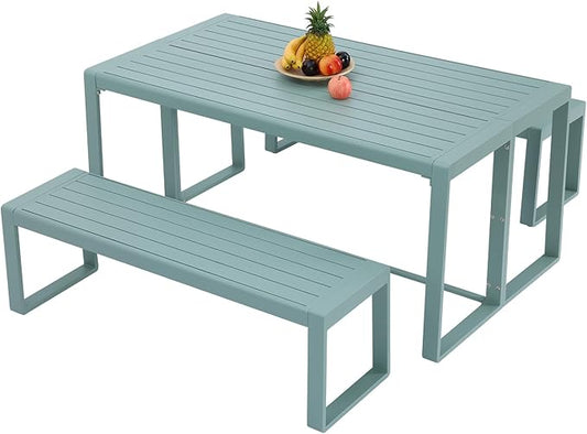 Aoodor 3-Piece Outdoor Patio Dining Set, Aluminum Furniture Set with 1 Rectangular Picnic Table and 2 Benches for Garden, Lawn, Yard