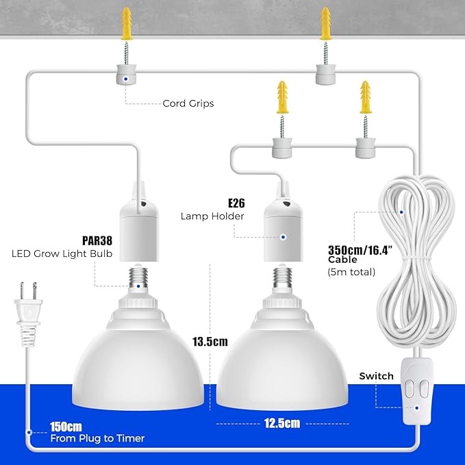 Barrina LED Grow Light Bulb, 50W (2 x 25W) Full Spectrum, with 16.4FT Power Cord, Hanging Grow Lights for Indoor Plants, Large Tall Plant, Garden, Flowers, Greenhouse, 2-Head