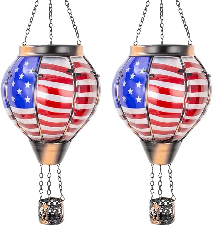 2PCS Flag Solar Hot Air Balloon Lantern with Flame Flickering Light,Glass Hot Air Balloon Solar Lanterns Outdoor Waterproof,Hanging Outdoor Light for Patio Yard Garden Birthday Gifts for Women