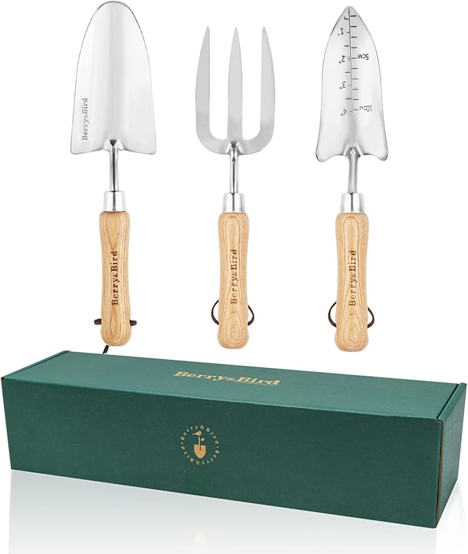 Berry&Bird Garden Tool Set- 3PCS Stainless Steel Gardening Tool Sets with Wooden Handle Trowel Weeding Fork & Digging Shovel Hand Tool Kit for Planting, Ideal Gardening Gift for Women & Men