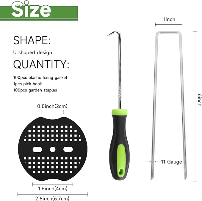 Landscape Staples Set,6 Inch 11 Gauge 100pcs Galvanized Garden Stakes + 100pcs Gaskets + 1Pick Hook,U-Shaped Tent Stakes Landscaping Fabric SOD Pins for Weed Fabric Barrier,Groud Cover,Fence
