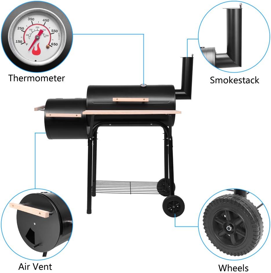 ROVSUN Charcoal Grill, Large Cooking Area of 433 Sq.In., Offset Smoker, Side Table, Great BBQ Grill for Indoor/Outdoor Picnic, Black