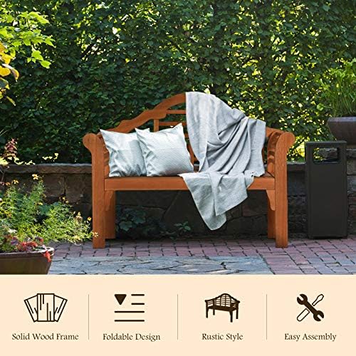 COSTWAY Folding Wooden Bench Outdoor, Crown-Like High Backrest - Image 5