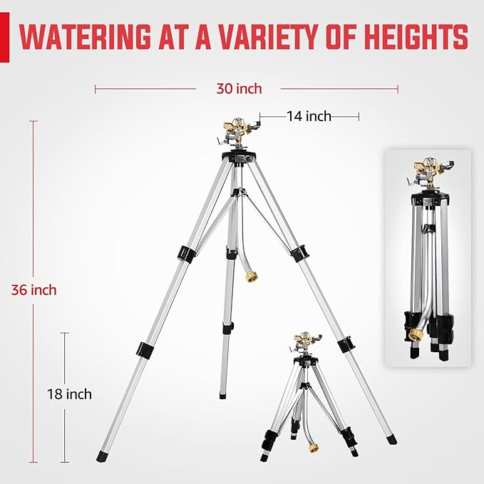 YAMATIC Impact Sprinkler on Tripod Base, 360 Degree Large Area, Heavy Duty Adjustable Pulsator Sprinkler for Lawn Yard and Grass, Spray up to 20-90ft(36inch) Brass Head, 1Pcs