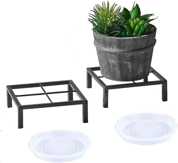 6" Small Metal Duty floor Potted Plant Stand Flower Pot Holder with Saucer Indoor Outdoor Rustproof Iron Garden Container Square Supports Rack for Planter ,2 Pack(back color )