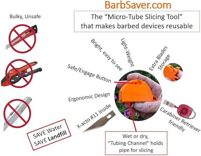BarbSaver Drip Irrigation Cutter Tool – Reuse Barbed Parts, Fittings, In-Line Emitters, Drippers, Bubblers and Micro-sprayers, by Easily Cutting Away 1/4" Micro-drip Tubing.