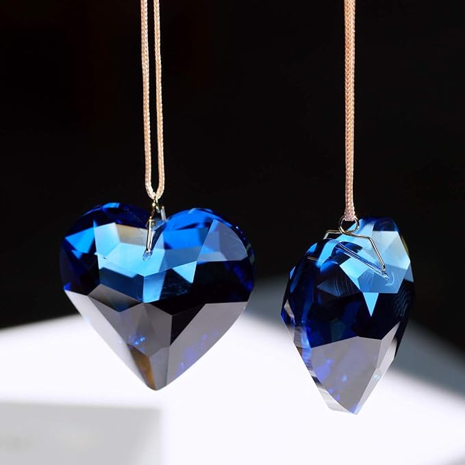 Blue Heart Crystal Suncatcher, 2pc 45mm Hanging Prism for Windows, Outdoor Indoor Decoration, Rainbow Maker Gifts for Mom, Grandma, Friend