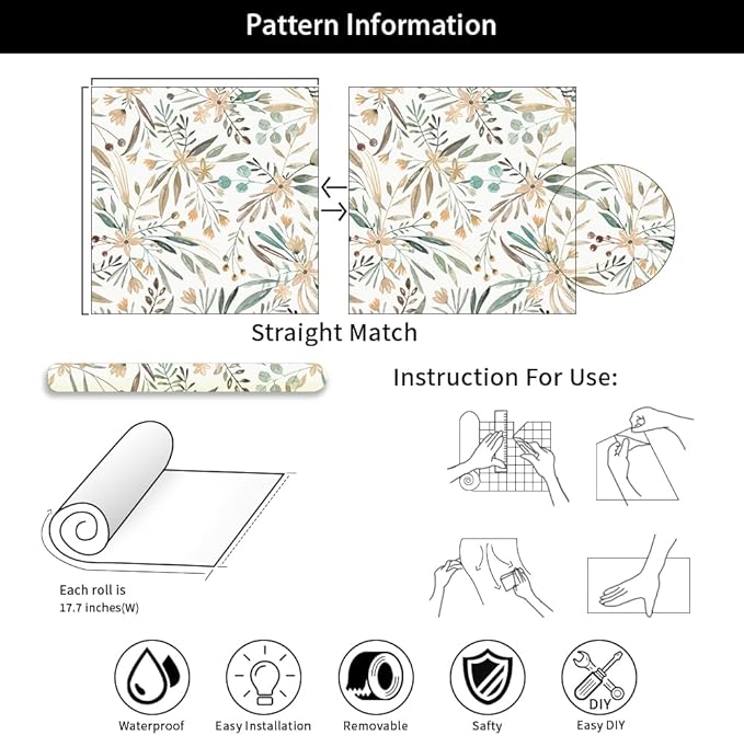 Boho Watercolor Brown Leaf Vintage Peel and Stick Wallpaper Self Adhesive Removable Easy Peel Off Stick on Wall Paper for Bedroom Cabinet Renter