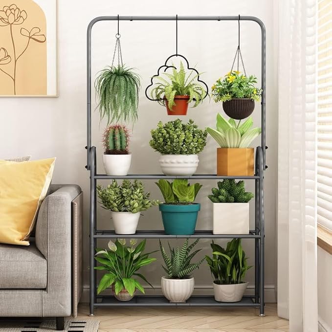 SORCEDAS Plant Stand Indoor Outdoor 3 Tier Tall Corner Hanging Plant Shelf Metal Flower Stands Ladder Plant Holder for Living Room Balcony Garden Patio Multiple Plants, Dark Grey