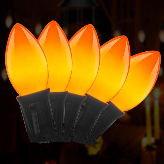25FT LED Halloween Outdoor String Lights with 26 C9 Candle Shape Shatterproof Plastic Bulbs,2700K Waterproof Connectable Orange LED String Lights for Home Garden Halloween Christmas Fall Decor