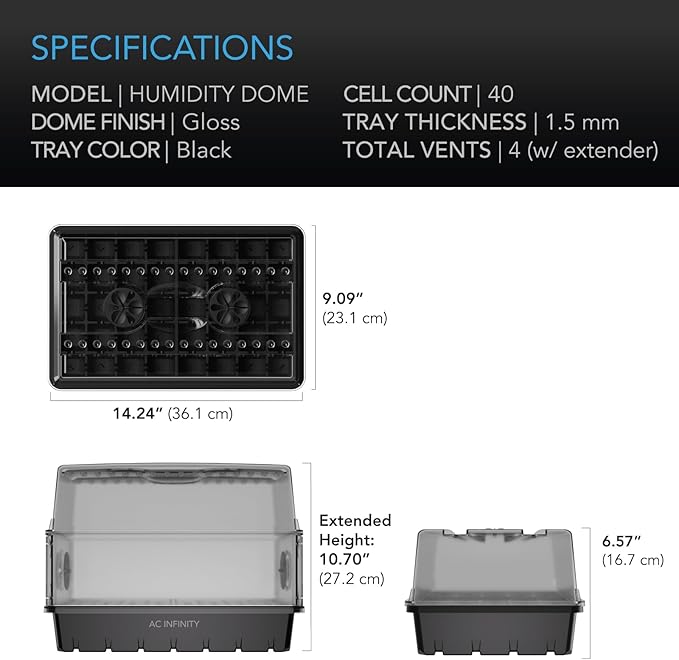AC Infinity Humidity Dome, Germination Kit with Sturdy Drip Tray, 5x8 Cell Seedling Tray, and Vented Height Extension Panels, for Seed Starting, Propagation, Cloning Plants