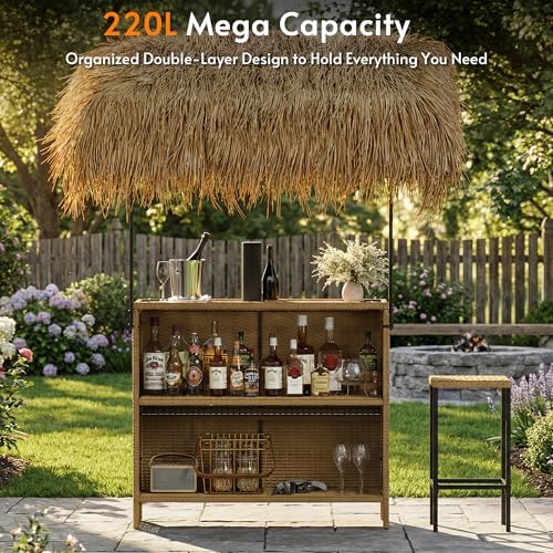 Outdoor Tiki Bar Set with Widen Hula Thatched Shade, 3-Piece Wicker Outside - Image 4