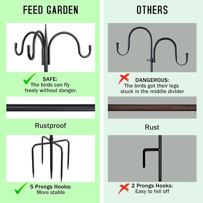 FEED GARDEN [Upgrade Version 92 Inch Three Shepherd Hooks for Outdoor,Bird Feeder Pole with 5 Prong Base, Adjustable Shepard Hooks for Hanging Plant, Solar Lanterns, Wind Chimes, 2 Pack