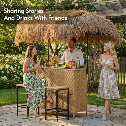 Outdoor Tiki Bar Set with Widen Hula Thatched Shade, 3-Piece Wicker Outside - Image 5