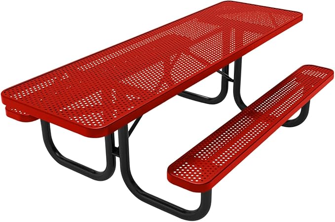 Coated Outdoor Furniture Heavy-Duty Portable ADA-Compliant Outdoor Picnic Table, Punched Steel Patio Dining Furniture Made in America (8ft Rectangular, Both-Side Handicap, Red)