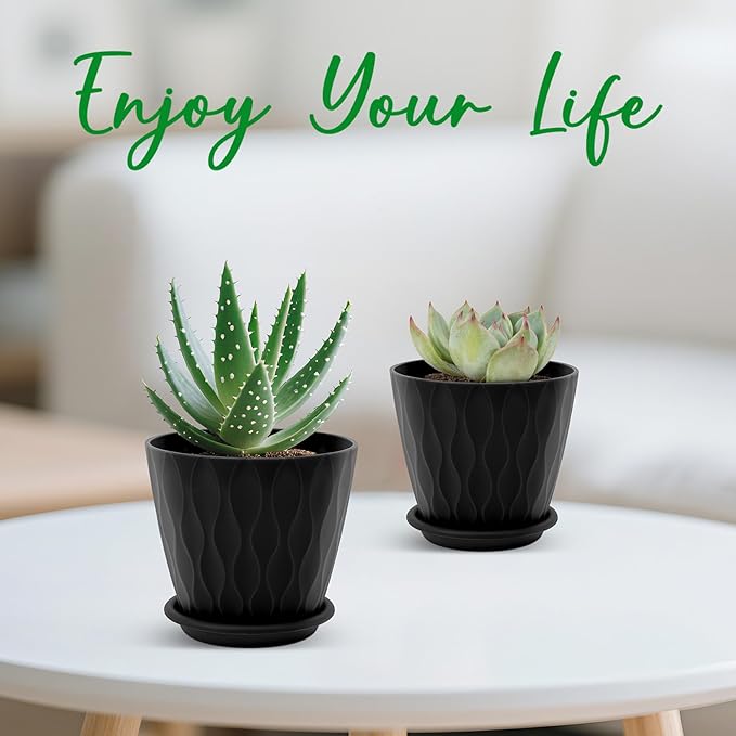 4 inch Plant Pots, 5 Pack Flower Pots Outdoor Indoor, Planters with Drainage Holes and Tray Saucers(Black)