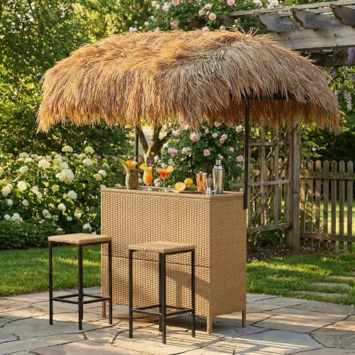 Outdoor Tiki Bar Set with Widen Hula Thatched Shade, 3-Piece Wicker Outside by Rotihom