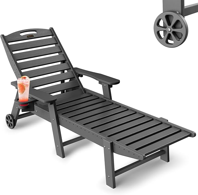 Lounge Chair Outdoor, Chaise Lounge Chair Outdoor, HDPE 6-Position Lounge Chair for Outside, Patio Lounge Chair with Wheels & Cup Holder for Pool Poolside Deck Backyard, Grey