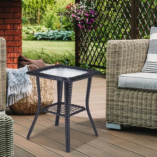 VINGLI Outdoor Side Table with Storage Wicker Patio Side Table, Tempered Glass - Image 2