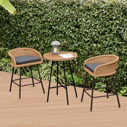 3-Piece Outdoor Wicker Bar Table Set, 2 Rattan Bar Stools/Charcoal - Image 3