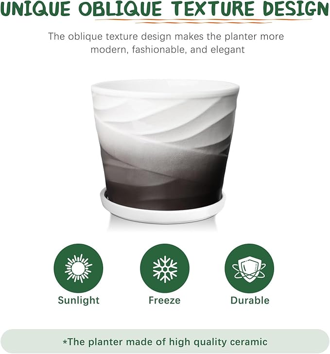 8 Inch Indoor Plant Pot with Drainage Holes and Saucers, Ceramic Planter for Plants, Succulent Orchid Flower Pots(Dark Gray+White)