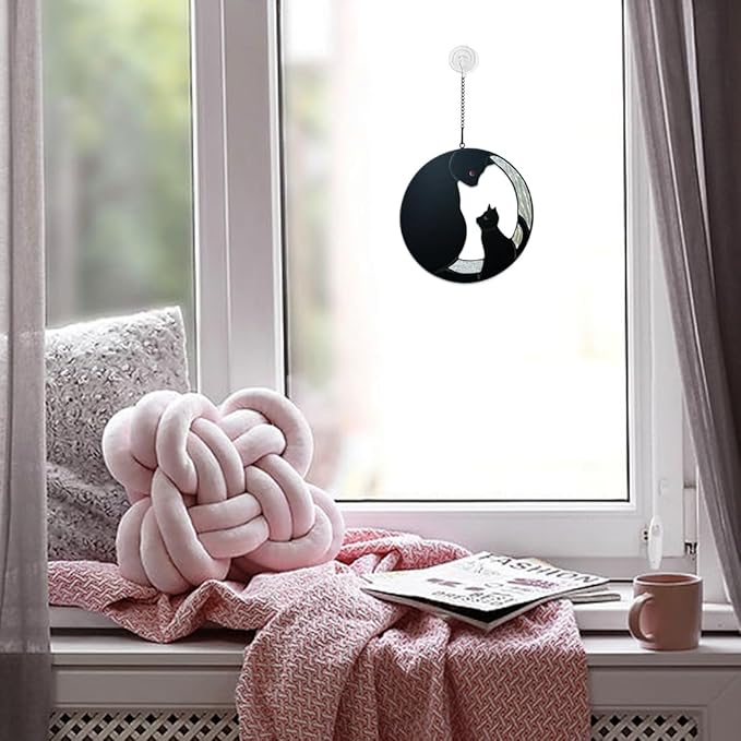 Black Cat Decor Stained Glass Window Hanging,Funny Cat Gifts for Cat Lovers Stained Glass Suncatcher for Window,Two Black Cat Decor Cat Themed Gifts for Women Mom Grandma