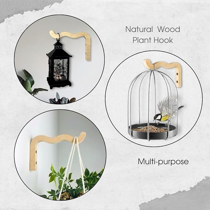 2-Piece Set of Wavy Wooden Wall Planters for Indoor Plants 6 Inch - Natural Plant Hook for Wall Plant, Wind Chimes, Flower Brackets, Patio Garden Decorations - Bracket Plant Hanger (Natural)