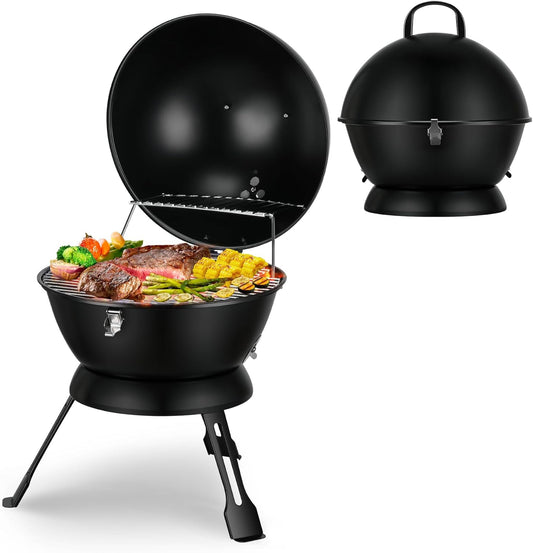 14inch Portable Charcoal Grill with Warming Rack, Small bbq Charcoal Grill Tabletop Foldable Grills for Backyard, Camping, Black