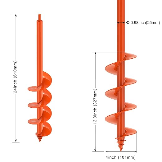 Auger Drill Bit for Planting 4 x 24'', Threaded Garden Auger Post Hole Digger, Spiral Drill Earth Dirt Soil Augers for Bulb, Tulip, Tree, Fence Post and Umbrella Holes, Fits in 3/8” Drill Chuck