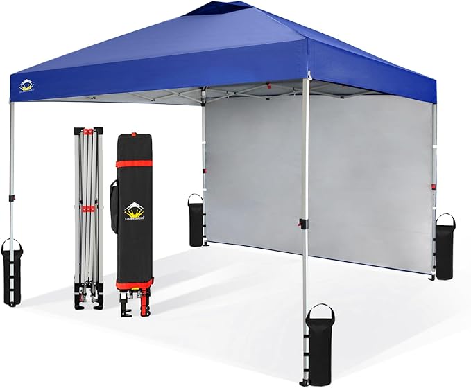 CROWN SHADES 10x10 Pop Up Canopy with 1 Side Wall - Beach Tent with One Push Setup - Outdoor Sun Shade for Events, Parties, Camping - Gazebo with STO-N-Go Cover Bag (Navy Blue)