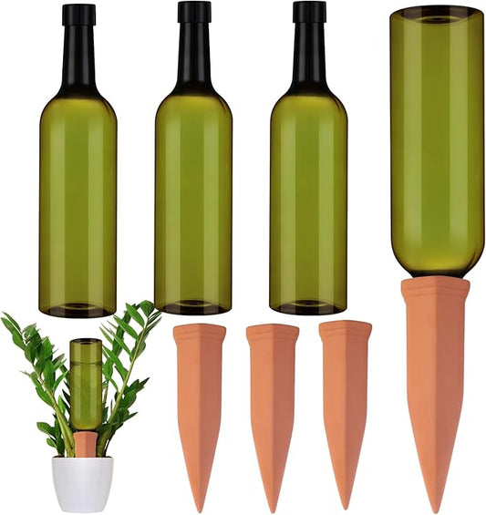 3 Sets Plant Watering Devices Include Terracotta Self Watering Spikes and 26 oz Plastic Bottles, Slow Release Vacation Insert Automatic Plant Waterer Device (Green and Terracotta)