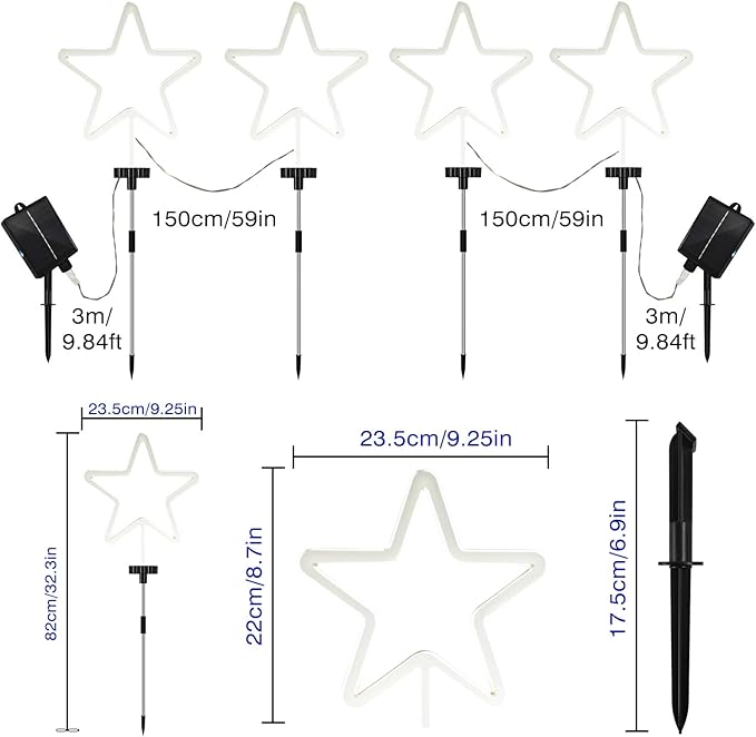 4 Pack Red White and Blue Solar Light Outdoor, 4th of July Decorations Patriotic Lights with Big LED Neon Star, Garden Stake Pathway Lights with 8 Modes for Independence Day Memorial Day Decor