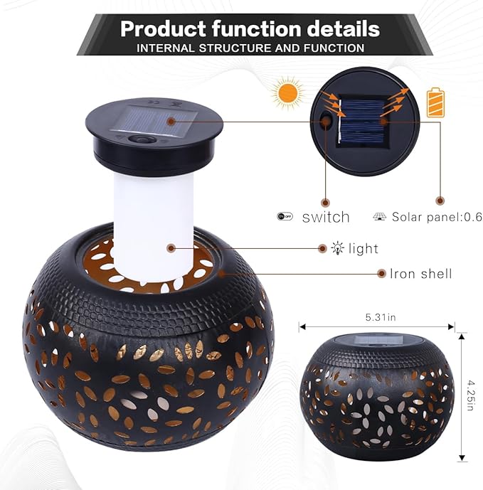 Solar Table Lantern Outdoor Waterproof- 2 Pack Dancing Flickering Flame Solar Light,Black Metal Desktop Decorative Lamp Auto On/Off Lighting Dusk to Dawn for Desk Patio Garden Pathway Yard