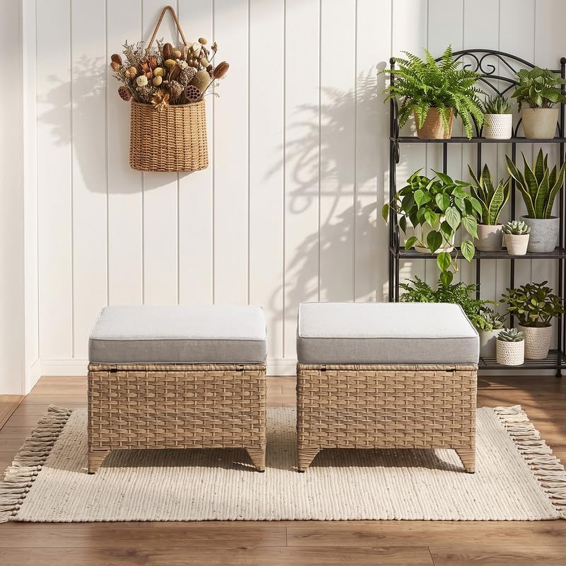 Luxury Outdoor Wicker Patio Ottomans Set of 2, 250 lbs Capacity Rattan Large by Rilyson