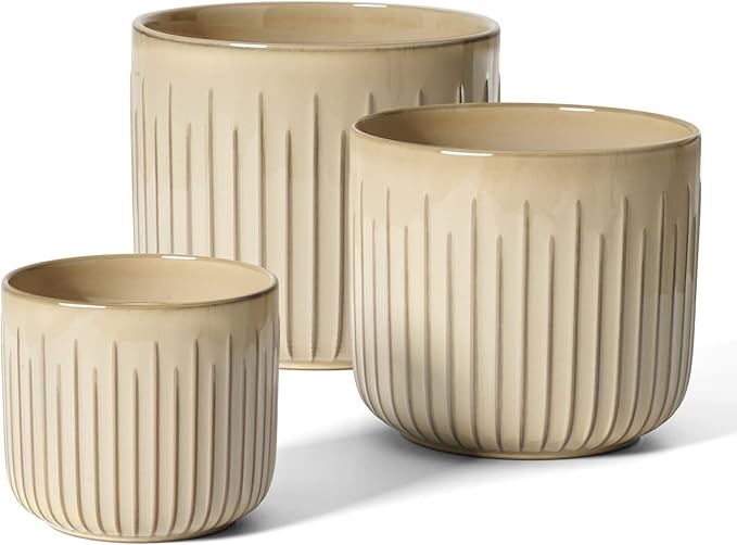 LE TAUCI Ceramic Planters, 8.3+6.9+5.7 Inch Plant Pots for Indoor Plants, Set of 3 Flower Pots with Drainage Holes, Round Planters Pot for Indoor House Plants, Reactive Glaze Cloud Cream
