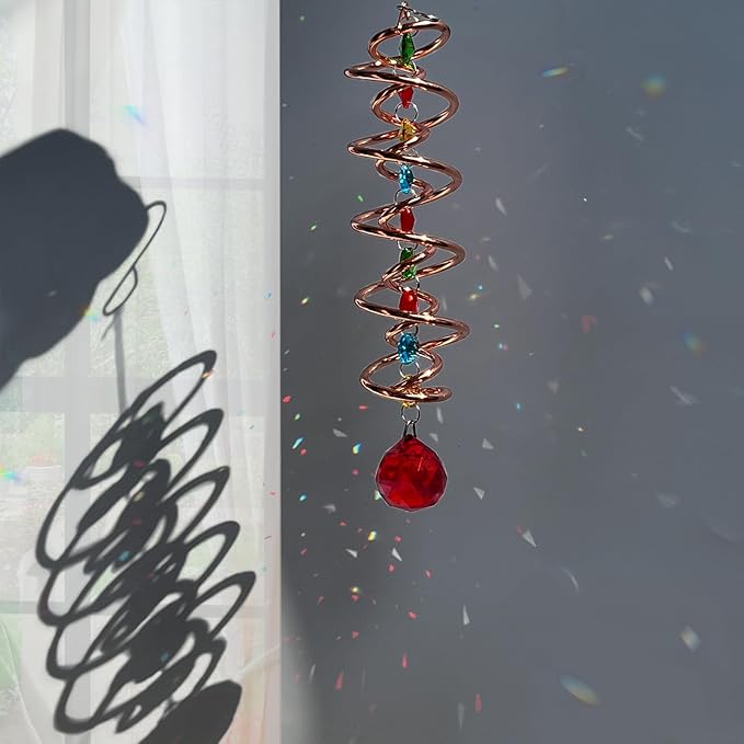 FONMY Gazing Ball Spiral Tail -Decorative Wind Spinner Sun Catcher Rainbow Maker Copper Double-Spiral W/Red Crystal Ball and Chain Crystals Beads for Indoor Outdoor Garden Decoration -14 inch Height