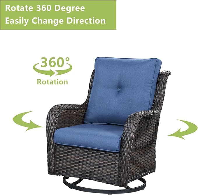 Outdoor Patio Swivel Rocker Chairs - Wicker Rattan Patio Swivel Rocking Chairs Set of 2 with High Back,Deep Seating and Comfort Cushions for Deck Porch Garden,Brown/Blue