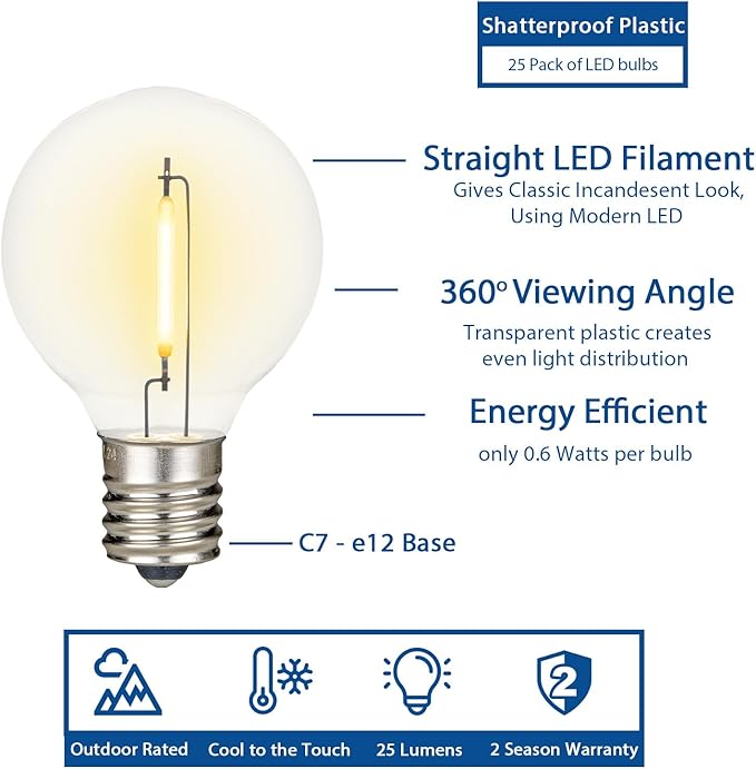 Novelty Lights 25 Feet G40 LED Patio String Lights with 25 Bulbs, Warm White, Weather Resistant and Shatterproof Replaceable Plastic Globe Bulbs, Brown Wire