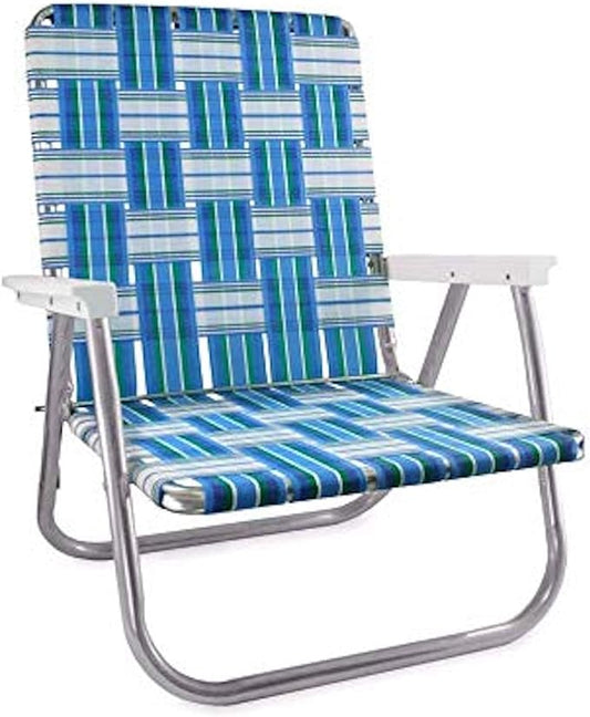 Lawn Chair USA Folding Aluminum Outdoor Patio Lawn Chair | Heavy-Duty Webbed Chairs for Camping Sports Beach Yard & Tailgating | Lightweight Portable | High Back Beach Chair-Sea Island w/White Arms