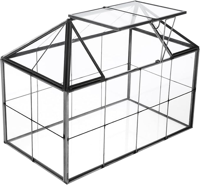 HighFree Geometric Terrarium Planter with Swing Lid, House Shape Black Handmade Glass Box, Vintage Tabletop Miniature Terrarium, for Succulent, Cacti, Air Plants (Not Watertight - 9.2x5.5x7.3 inch)