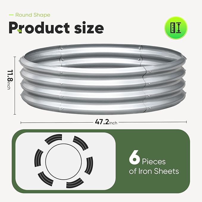 KING BIRD Raised Garden Bed Galvanized Round Planter Box Outdoor for Gardening, Plants, Vegetables, Flowers, Silver, 47x47x12 in 2 Packs