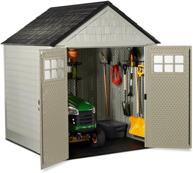 Rubbermaid 7 Foot by 7 Foot Weatherproof Outdoor Storage Shed for Garden Tools and Lawn Machinery Organization with Lockable Double Door Sandstone
